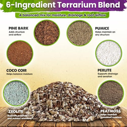 6-in-1 Terrarium Soil Mix, Pre-Mixed & Ready to Use, 8QT | Terrarium Substrate Mix with Coco Coir, Peat Moss, Pine Bark, Perlite, Pumice & Zeolite for Balanced Moisture & Airflow - size: Terrarium Soil 8 Quarts