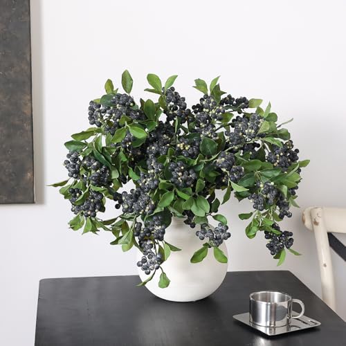 4Pcs 33"Artificial Blueberry Fruit Stems Berry Branch for Vase Decor(Blue) | Lifelike Blueberries Fruit Branch, Realistic Fake Flower Picks, for DIY Bouquet/Kitchen/Table Centerpiece/Shower/Home Decor