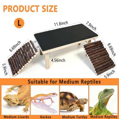 Bearded Dragon Basking Platform with Climbing Ramp,Reptile Basking Rock (L) | Wooden Lizard Resting Platform Basking Rock Slate,Leopard Gecko Hide Cave Tank Accessories for Tortoise Snake - size: L: 11.8" x 7.9" x 4.56"