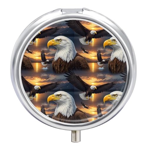 Travel Pill Container, Eagle Round Metal Organizer, 3-Section Case for Medicine, Pocket Purse Dispenser for Business Travel - color: Style (607)