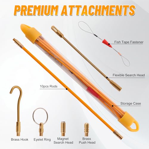 KOOTANS 33FT Fiberglass Running Electrical Wire Cable Glow Rods Wire Pulling Tools Fish Tape Wire Puller Through Wall Cable Snake Fish Rods Kit with Different Attachments - color: 33FT