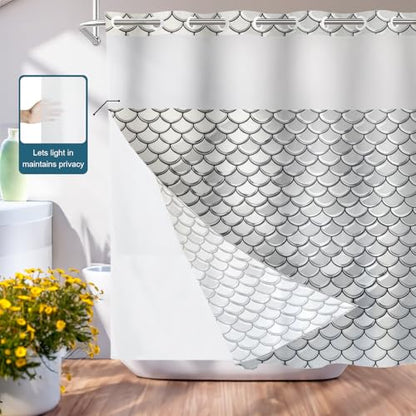Snake Scale No Hooks Shower Curtain with Snap in Liner Set, Gray Fish Scale Pattern Tub Curtainn Mesh Top Window & Magnetic Hem Waterproof 71X74 Inch - color: Snake Scale 1 White03, size: 71"W x 74"L (Pack of 1)