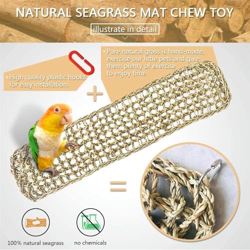 2Pcs Bird Seagrass Mat 20.5×8'' Natural Grass Woven Net Hammock Hanging on Cage Parakeet Climbing Rope Ladder Chew Toys for Lovebird Cockatiel Conure Budgie Cockatoo - size: 2Pcs 20.5" × 8"