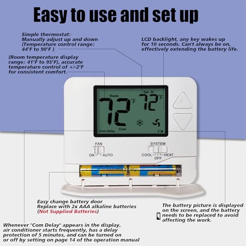 Heagstat H701 Non-Programmable Thermostat for Home up to 1 Heat/1 Cool | Manual Operation COOL & HEAT, Green Backlight - color: Green Backlight