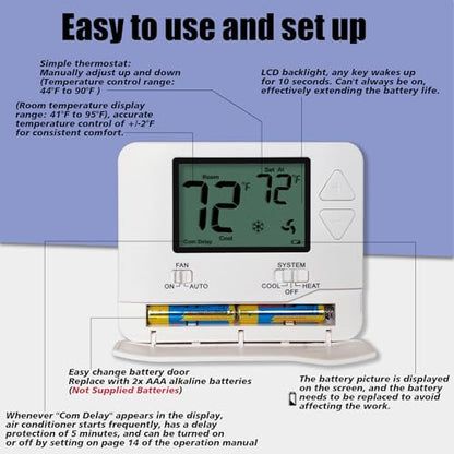 Heagstat H701 Non-Programmable Thermostat for Home up to 1 Heat/1 Cool | Manual Operation COOL & HEAT, Green Backlight - color: Green Backlight