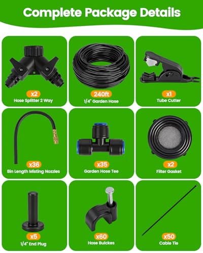 240FT Drip Irrigation System for Garden with 36 Nozzles –360° Adjustable Misting Nozzles, Quick-Connect Design, Ideal for Raised Beds, Lawns, Greenhouses & Outdoor Cooling - size: 240FT