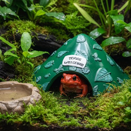 TOPZEA Frog and Toad House for Outside Garden, Pond & Aquarium, Resin Frog Hideout Habitat Reptile Hide Cave Shelter for Toad, Tree Frogs, Turtle, Gecko, Fish, Amphibian Tank Accessories, Green