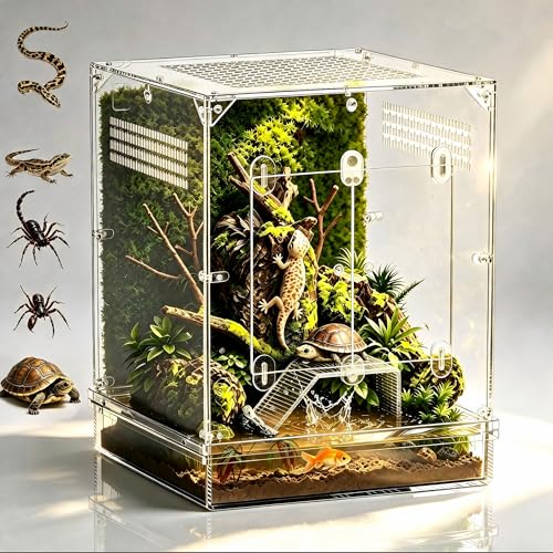 12x12x16 Acrylic Reptile Terrarium, Large Reptile Enclosure with Watertight Bottom, 10 Gallon Clear Reptile Tank with Front Opening Doors, High Ventilation Habitat Breeding Cage for Turtle Gecko Frog