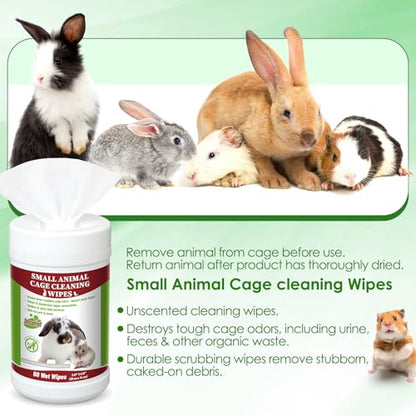 2 Pack Small Animal Cage Wipes 120 Count Small Animal Cage Clean up Wipes Removes Stubborn Caked-on Hamster Cages Cleaner for Pet Bunny Supplies Cleaning Deodorizing