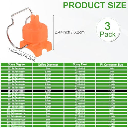 M METERXITY 3-Pack Flat Fan Spray Tips, 2.4mm Pore Plastic Spray Nozzle with Clip Adjustable Atomization Nozzle for 1-1/4" Hose, 0.36 Cubic Meters Per Hour [Orange, 65 Degree] - size: 2.4mm x 1-1/4"