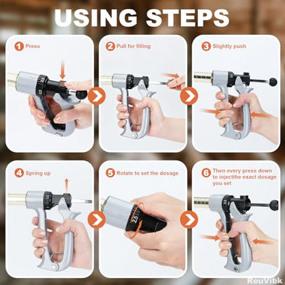 25ml Semi-Auto Repeating Livestock Syringe Gun, 5 Dose Settings | Ergonomic Grip, Clear Barrel & Luer Lock, Vet Injector for Cattle, Horses, Goats, Sheep & Pigs - color: Silver Gray25ML-B