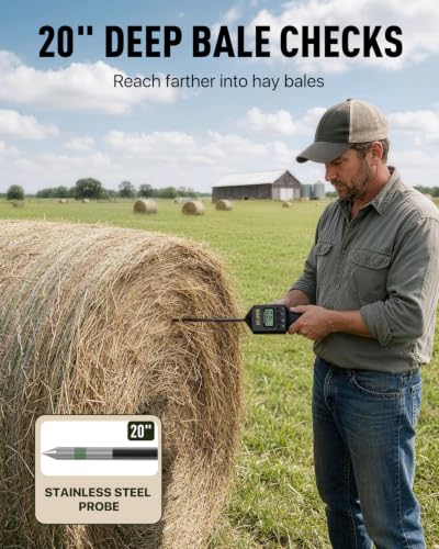 Hay Moisture Tester with 20" Probe, Moisture & Temperature Meter for Round and Square Hay Bales, Fast Backlit Readings, Calibration Clip Included, Black - color: Black