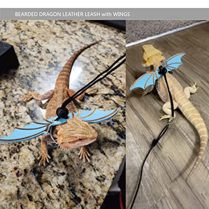 Bearded Dragon Leash and Harness Set, Beardie Carrier, Lizard Adjustable Harness with Leather Wings and Sling Bag, Reptile Small Pet Backpack Batwing Accessories (Blue) - color: Blue