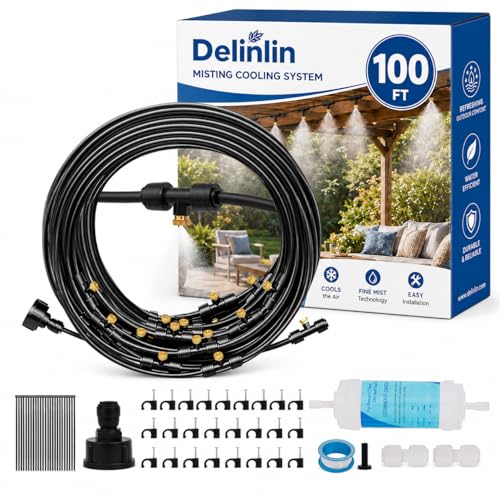 100FT Misters for Outside Patio, Outdoor Misting Cooling System with 20 Brass Nozzles & Filters, DIY Misting Kit for Backyard Garden Greenhouse Deck Umbrella Canopy Pool Porch Trampoline - size: 100 FT