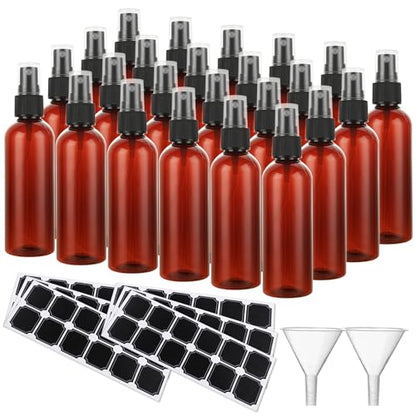 ABuff 60 Pack Plastic Spray Bottles 4oz Small Empty Fine Mist Spray Bottles Amber Clear Bottles for Essential Oils, Bath, Beauty, Hair & Cleaning, Small Sprays Bottle for Travel, With 10 Funnels
