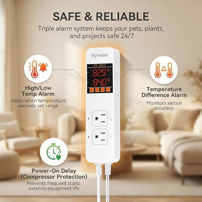 Digital Temperature Controller Dual Probe Reptile Thermostat Controlled Outlet for Terrarium Heat Mat Heating Pad, Switch Cooling Fan Freezer Fridge ON & Off at Setpoints 10A 1200W