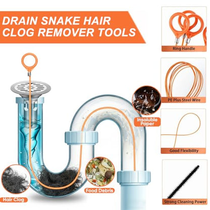 Drain Snake for Hair Clogs - Flexible Snake Cleaner Tool for Shower, Sink, Tub & Bathtub Drain Clog Remover, with Steel Core (6)
