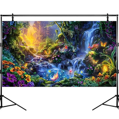 Waterfall Aquarium Background Fantasy Garden Flowers Fireflies Fish Tank Background Misty Glen Valley Wonderland Reptile Tank Backgrounds Fairies Magical Lights Tranquil Pond Tank Backgrounds 24x12in - color: Bright Blue, size: 24(W)x12(H)inches/ 60(W)*30