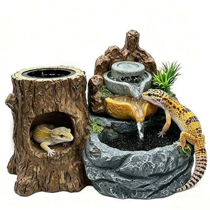 PurifyLogix 3in1 Reptile 550ML Waterfall Fountain with Food Dish & Hideout | Adjustable Flow Drinking Fountain for Bearded Dragon, Water Dispenser, Gecko, Lizard, Chameleon, Natural Resin