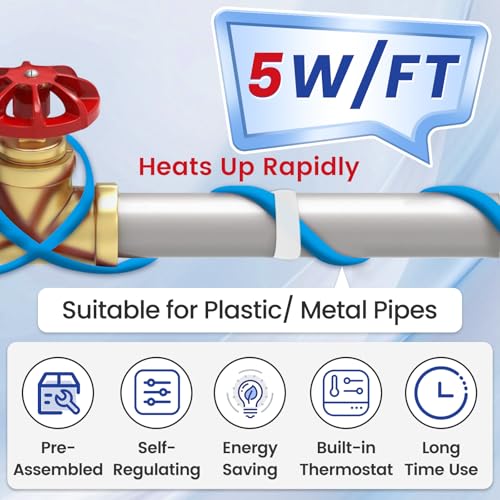 MAXKOSKO 24ft Self Regulating Heat Tape for Water Pipes Heating Cable | Heat Trace Cable with Thermostat Keeps Water Flowing at -40°F, Freeze Protection for Metal & Plastic Pipes,120V 5W/ft - color: 24-feet