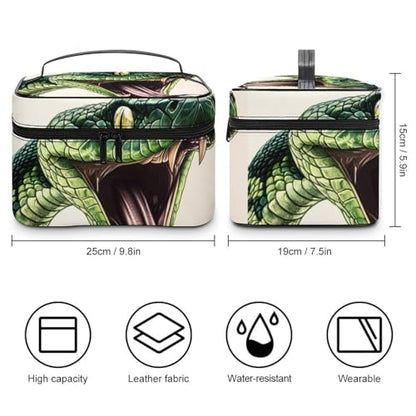 Green Snake Makeup Bag Cosmetic Case Organizer Box | portable handle,divider for skincare and brushes,large capacity,PU leather