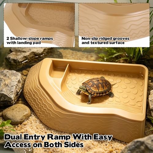 Reptile Bathing Pool with Ramp, Turtle Soaking Dish with Pet Food Feeding Plate Reptile Feeding Dish Water Bowl Bathing Pool Aquarium Ornament for Gecko, Turtle, Bearded Dragon, Lizard Bath