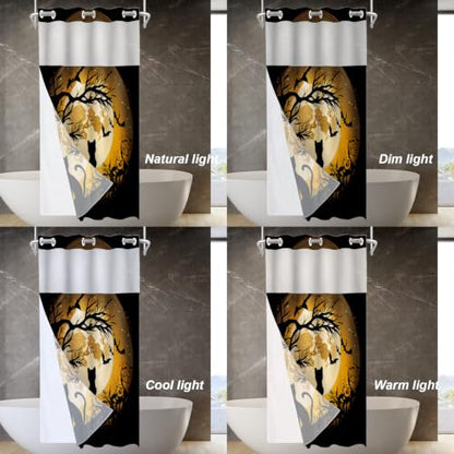 Happy Halloween Funny No Hooks Shower Curtain with Snap in Liner Set, Black Cat Moon Bat Tree Tub Curtainn Mesh Top Window & Magnetic Hem Waterproof 35.5X74 Inch - color: Black Happy Halloween Funny64, size: 35.4"W x 74"L (Pack of 1)