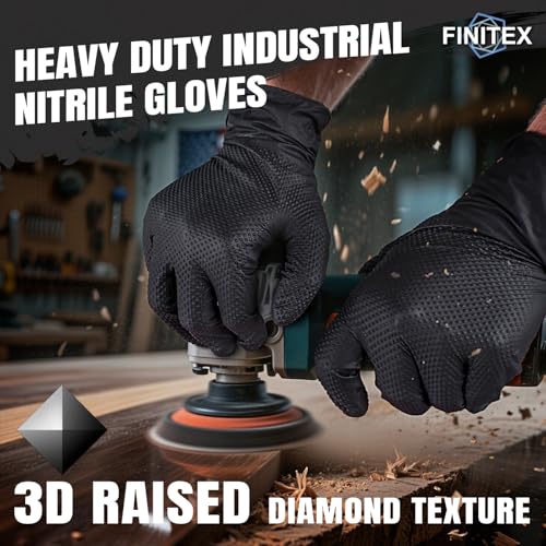 FINITEX Industrial Diamond Texture Nitrile Black Glove - 100/1000PCS Chemical Resistant 6.3mil Mechanic Disposable Gloves - color: Black (Large 100)