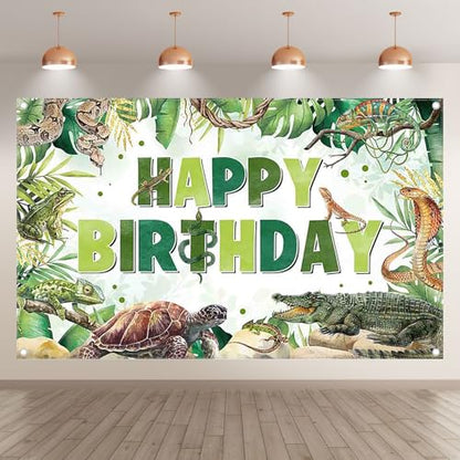 Fabric 72x43inch Reptile Birthday Backdrop Jungle Wild Banner | Tropical Rainforest Lizard Snake Turtle Alligator Palm Leaves Background, Kids Adult Party Decorations, Photo Props - size: 72x43inch