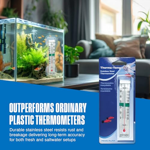 Penn-Plax Therma-Temp Stainless Steel Thermometer - Accurate Aquarium Thermometer - Easy to Read - Dual Scale for Freshwater and Saltwater Tanks - Rust-Resistant Clip-On Design - 4.25 Inches - size: 4.25 inches, style: Silver