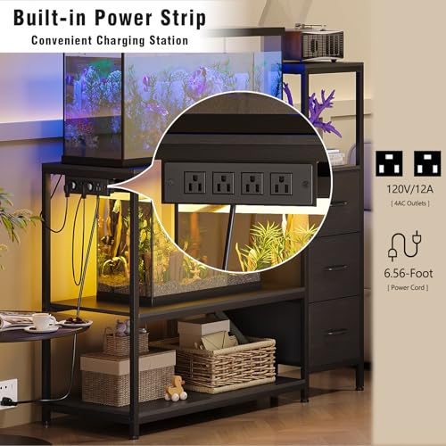20 Gallon Aquarium Stand with Drawers & Power Outlet, Black | Fits 20 Gallon Tanks; Reptile Tank Stand; 3-Tier Storage Shelves; Adjustable Height; Heavy-Duty Metal Frame - color: Black