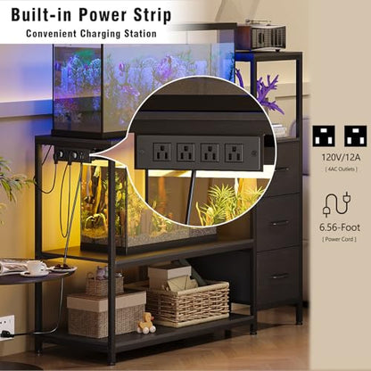 20 Gallon Aquarium Stand with Drawers & Power Outlet, Black | Fits 20 Gallon Tanks; Reptile Tank Stand; 3-Tier Storage Shelves; Adjustable Height; Heavy-Duty Metal Frame - color: Black