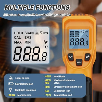 Infrared Thermometer Laser Temperature Gun -58℉ to 1112℉,with Cal Calibration and Adjustable Emissivity,Min& Max Measure,for Cooking,Oven,Meat Food,HVAC,Appliance（Yellow） - color: Yellow