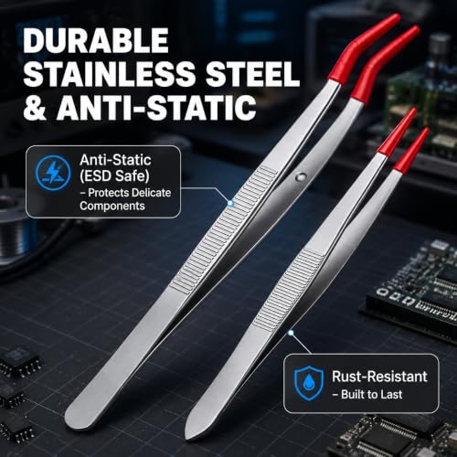 4 Pcs Rubber Tip Tweezers Set, Non-Scratch PVC Coated Tips - Fine Point, Flat & Bent Head Tweezers for Crafts, Jewelry Making, Electronics, Eyelash Extensions - Red - color: Red