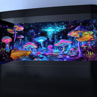 48X20IN Blacklight Mushroom Jellyfish Aquarium Background UV Reactive Background Starry Sky Terrarium Background with 10 EVA Double-Sided Tape - size: 48X20in/120X50cm