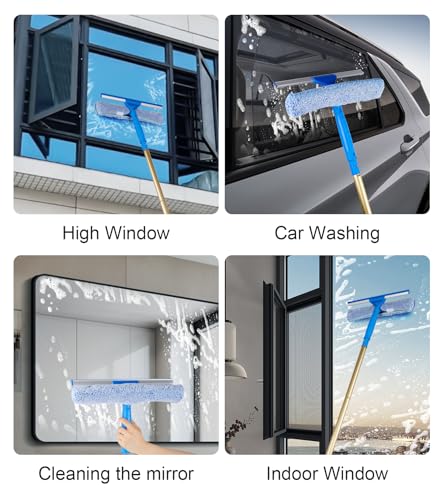 2 in 1 Window Squeegee Cleaning Kit with Aluminum Alloy Extension Poles, Scrubber, Glass Scrapper, Bendable Duster,2 Scrubber Cloth for Window, Car, Floor, Home, Garden - color: Gold