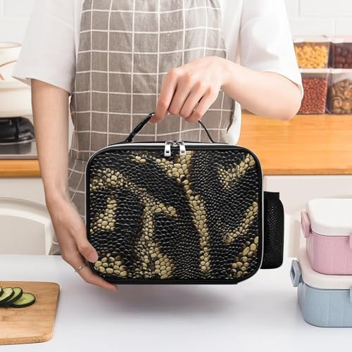 Snake Skin Pattern Insulated Lunch Bag PU 27x21x9cm | Makeup Storage Tote with Removable Handle and Mesh Side Pocket for Women Men Work Picnic Travel