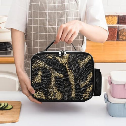 Snake Skin Pattern Insulated Lunch Bag PU 27x21x9cm | Makeup Storage Tote with Removable Handle and Mesh Side Pocket for Women Men Work Picnic Travel