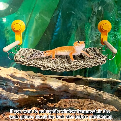 VCEPJH Bearded Dragon Hammock, Reptile Window Perch Natural Seagrass Gecko Climbing Tank Accessories Lizard Lounger Bed with Powerful Suction Cups Bearded Dragon Toys for Basking (11.81 * 7.08)