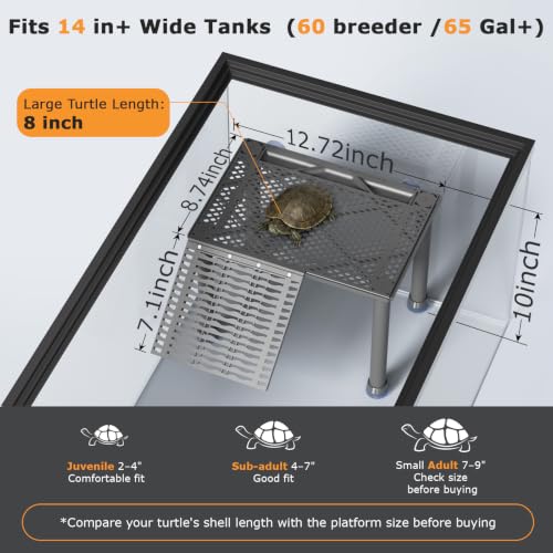 Large Standing Turtle Basking Platform with Ramp, Food Tray, Upgraded | Dock for Large or Multiple Turtles, Non-Slip Ramp, Adjustable Height, for 65+ Gallon Aquariums (Fits Tanks Over 14+ In Wide) - size: 12.72 × 8.74 inch