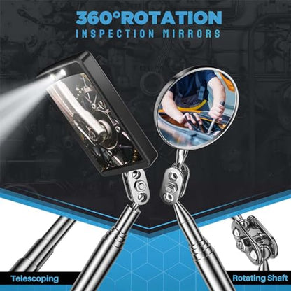 Telescoping Magnetic Pickup Tool Set, Telescopic Inspection Mirror | Flexible Bendable Spring Magnet Stick, LED Flashlight Pickup Rod, Cool Gadgets for Men