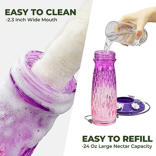 Kingsyard Glass Hummingbird Feeder for Outdoors with Ant Moat | 24 oz, Wide-Mouth Opening, 6 Metal Feeding Ports, Bee Guard, Easy to Clean & Refill Nectar, 360 Degree Perch, Pink & Purple - color: Pink & Purple
