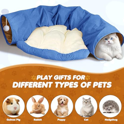 Spardar 2-in-1 Bunny Tunnel Bed, with Removable Mat Hideout, Blue | Collapsible Tunnel Tubes Toys, Washable, Interactive Toys for Rabbits, Chinchilla, Hedgehog, Guinea, Kitty - color: Blue