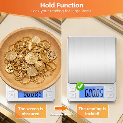 BOMATA 0.01g High Precision Jewelry Scale, 1000g Digital Gram Scale, Silver | Small & Portable Design with Hold, Tare & Counting Function, Precise for Gold, Bullion, Coins, Gemstones & Crafts - color: Silver