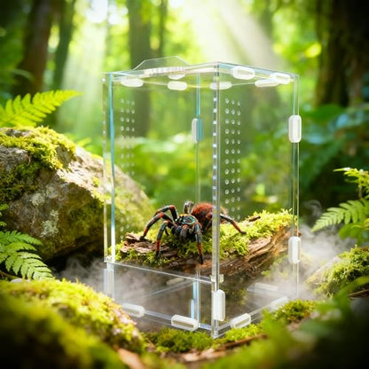 Jumping Spider Enclosure, Front-Opening Acrylic Spider Terrarium，Laser-Cut Biomimetic Ventilation System, Escape-Proof for Feeder Insects