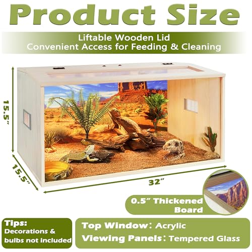 Bearded Dragon Tank, 35 Gallons Wooden Reptile Enclosure, Tempered Glass Lizard Tank, Large Bearded Dragon Enclosure with Built-in Lamp Fixture for Lizard - color: Oak, size: 35 gallons