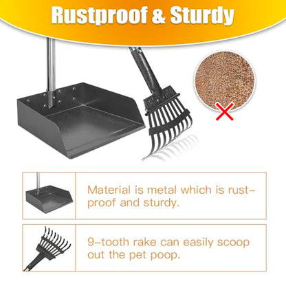 Larger Pooper Scooper for Large Dogs Long Handle Stainless Metal | Dog Pooper Scooper for Large Medium Small Dogs Tray and Rake Set Heavy Duty - size: 2. Rake + Extra Large Tray