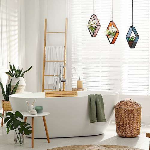 Yaomiao 3 Pcs Stained Glass Hanging Plant Terrariums Hanging Glass Planter Small Geometric Terrarium Air Plant Terrarium with Chain for Succulent Moss Holders Garden Wall Windowsill (Vivid Color)
