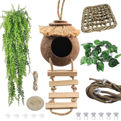 Gecko Coconut Hideout with Ladder,Reptile Hammock Plants Vines Jungle Terrarium Decor Tank Accessories for Crested Geckos,Leopard Geckos,Lizard,Snakes,Tree Frogs - style: 【Style D】
