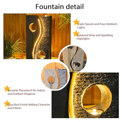 Tankana Water Fountain Outdoor Indoor - Garden Waterfall Modern Large Freestanding Water Feature Fountains Faux Rust Finish with LED Lights for Patio Yard Pool Home Decor, 47 inches